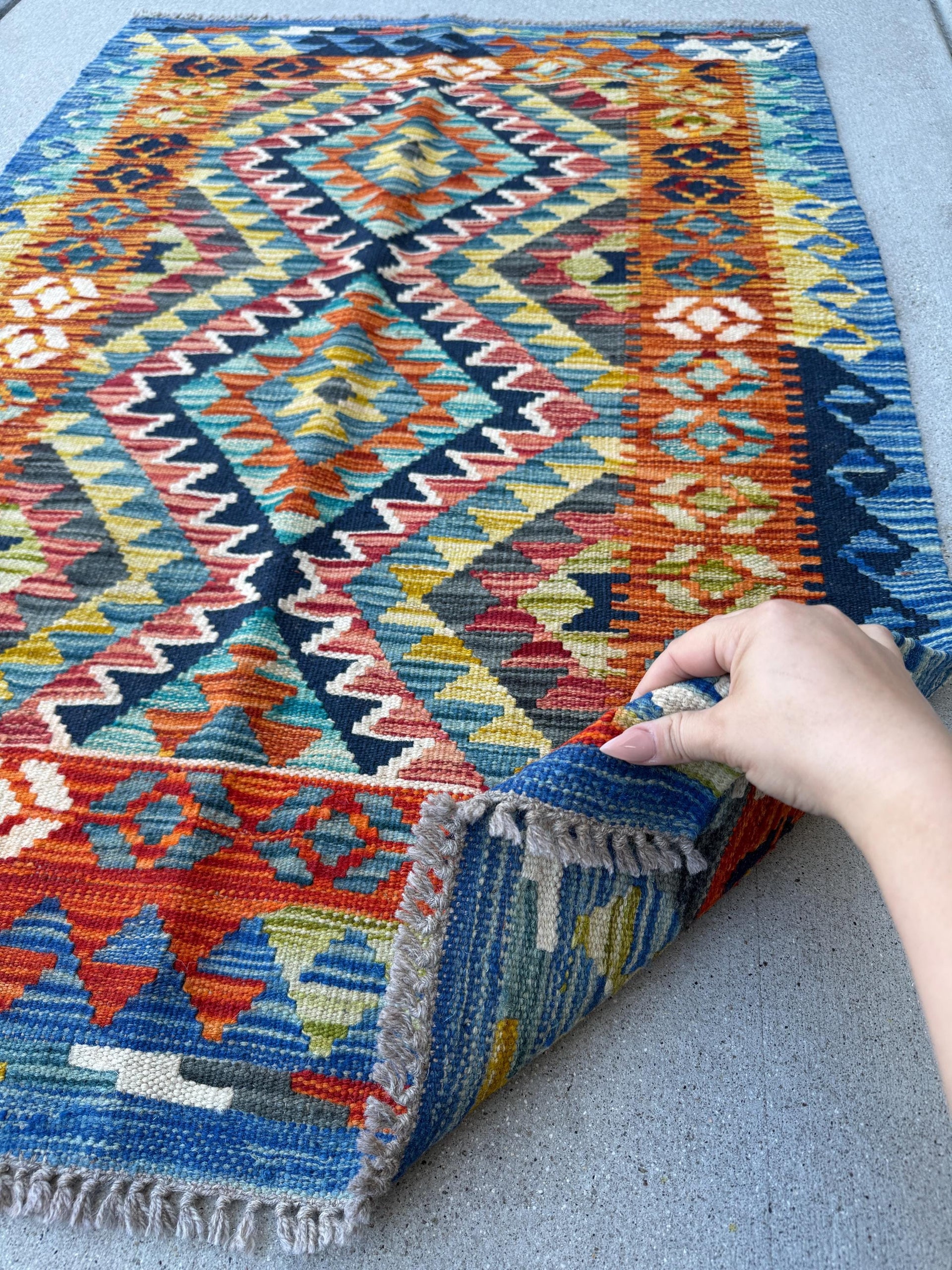 3x4 Handmade Afghan Kilim Rug | Rust Orange Navy Aqua Blue Teal Gold Olive Green Cream Sand Plum Mauve Grey | Wool Flatwoven