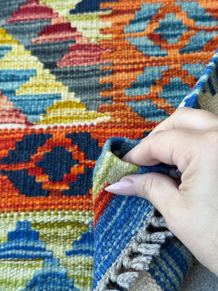 3x4 Handmade Afghan Kilim Rug | Rust Orange Navy Aqua Blue Teal Gold Olive Green Cream Sand Plum Mauve Grey | Wool Flatwoven