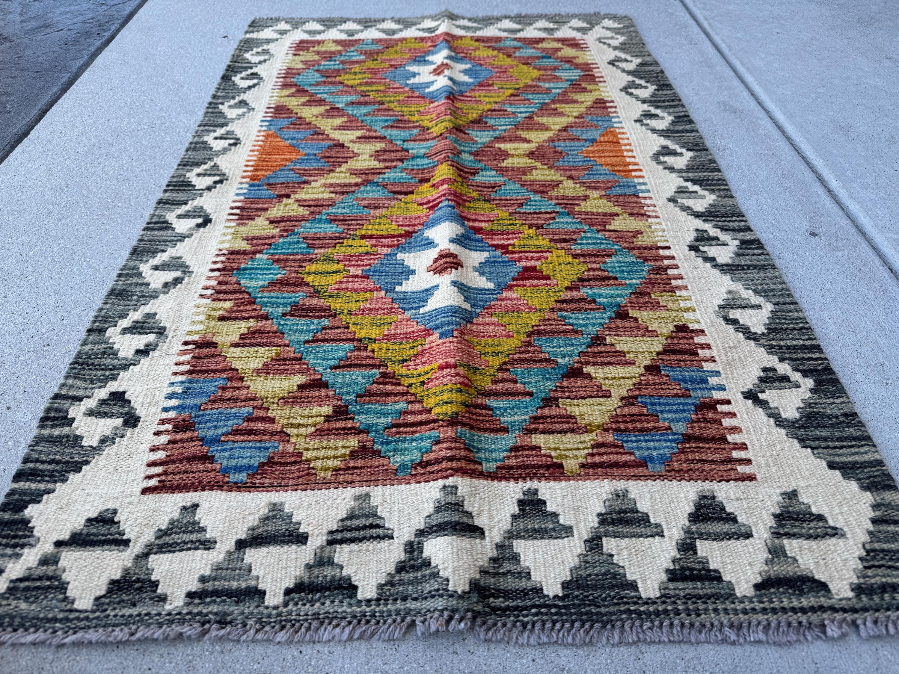 3x4 Handmade Afghan Kilim Rug | Rust Cream Teal Aqua Blue Navy Olive Moss Green Gold Copper Orange Red Plum Mauve Grey | Wool Flatwoven