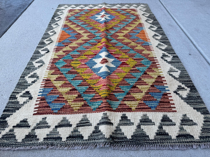 3x4 Handmade Afghan Kilim Rug | Rust Cream Teal Aqua Blue Navy Olive Moss Green Gold Copper Orange Red Plum Mauve Grey | Wool Flatwoven