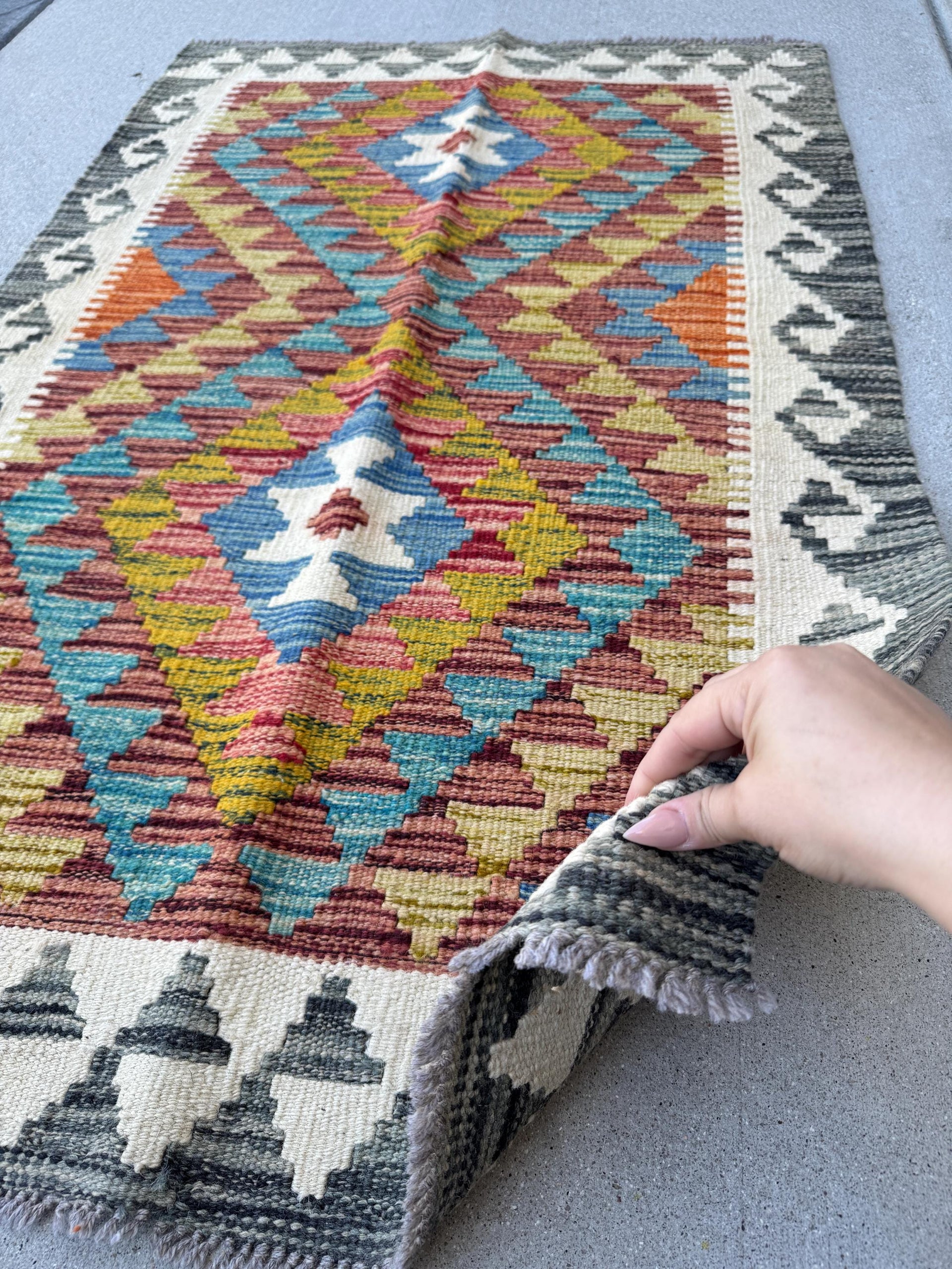 3x4 Handmade Afghan Kilim Rug | Rust Cream Teal Aqua Blue Navy Olive Moss Green Gold Copper Orange Red Plum Mauve Grey | Wool Flatwoven