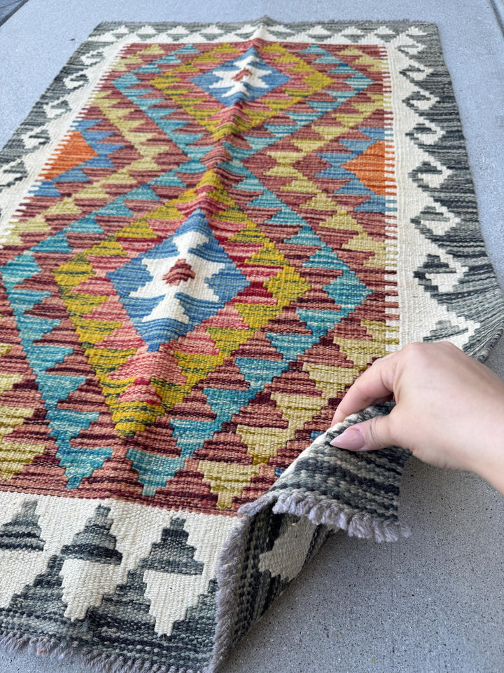 3x4 Handmade Afghan Kilim Rug | Rust Cream Teal Aqua Blue Navy Olive Moss Green Gold Copper Orange Red Plum Mauve Grey | Wool Flatwoven