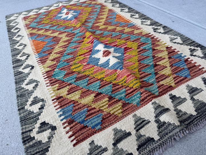 3x4 Handmade Afghan Kilim Rug | Rust Cream Teal Aqua Blue Navy Olive Moss Green Gold Copper Orange Red Plum Mauve Grey | Wool Flatwoven