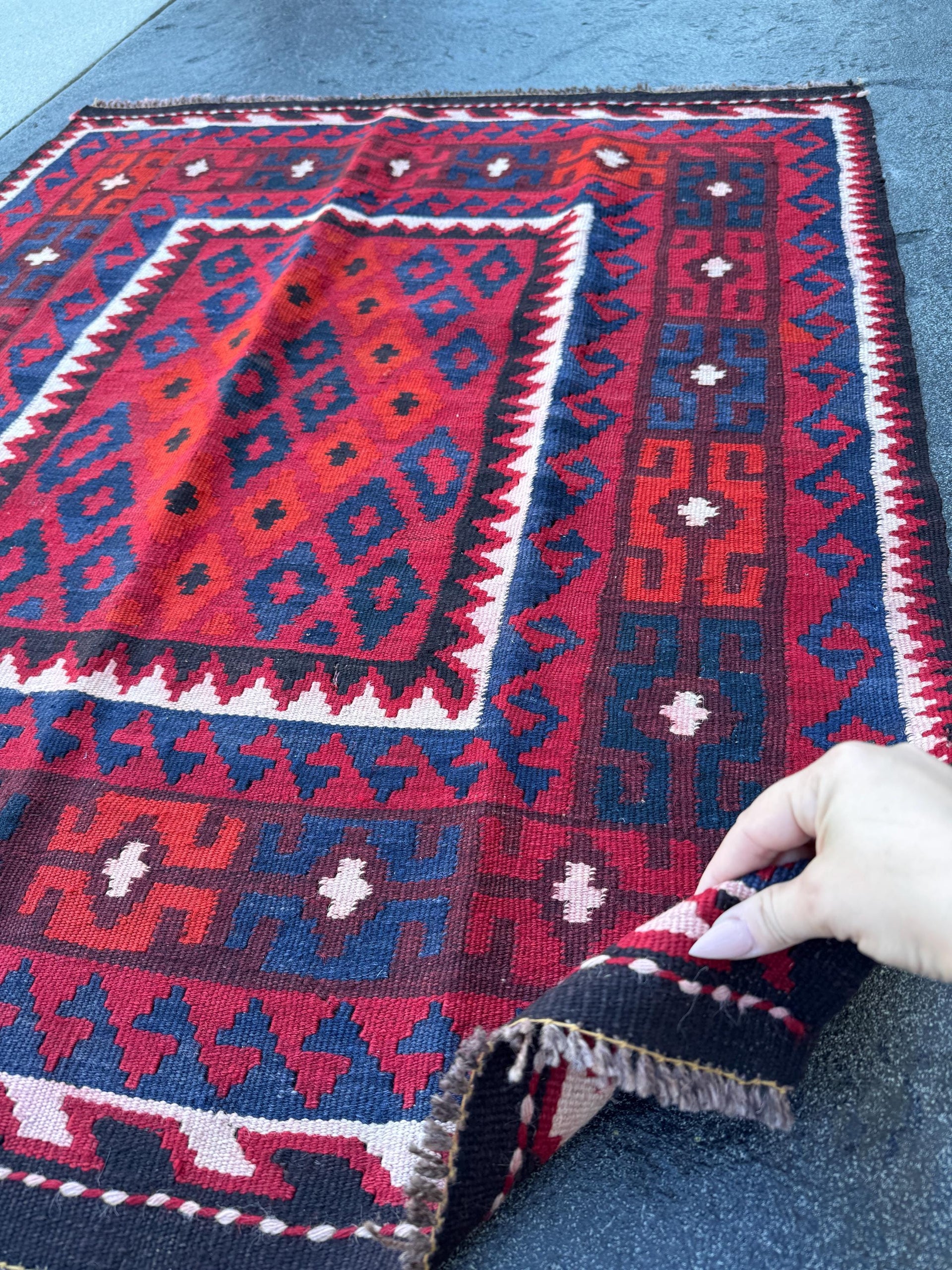 3x4 Handmade Afghan Kilim Rug | Red Navy Burgundy Blue Orange White Black | Wool Flatwoven