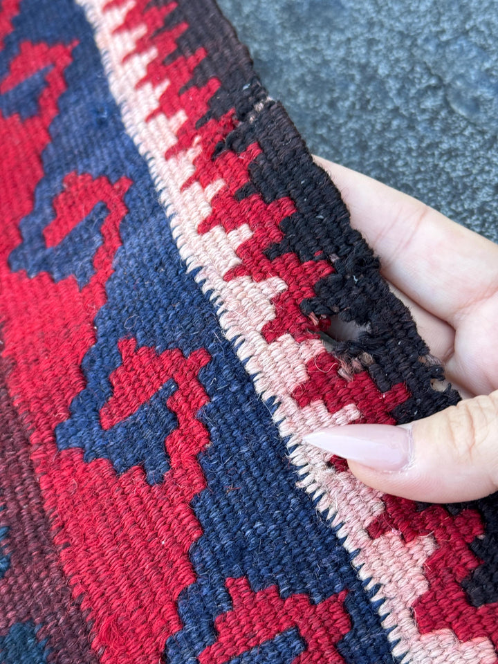 3x4 Handmade Afghan Kilim Rug | Red Navy Burgundy Blue Orange White Black | Wool Flatwoven