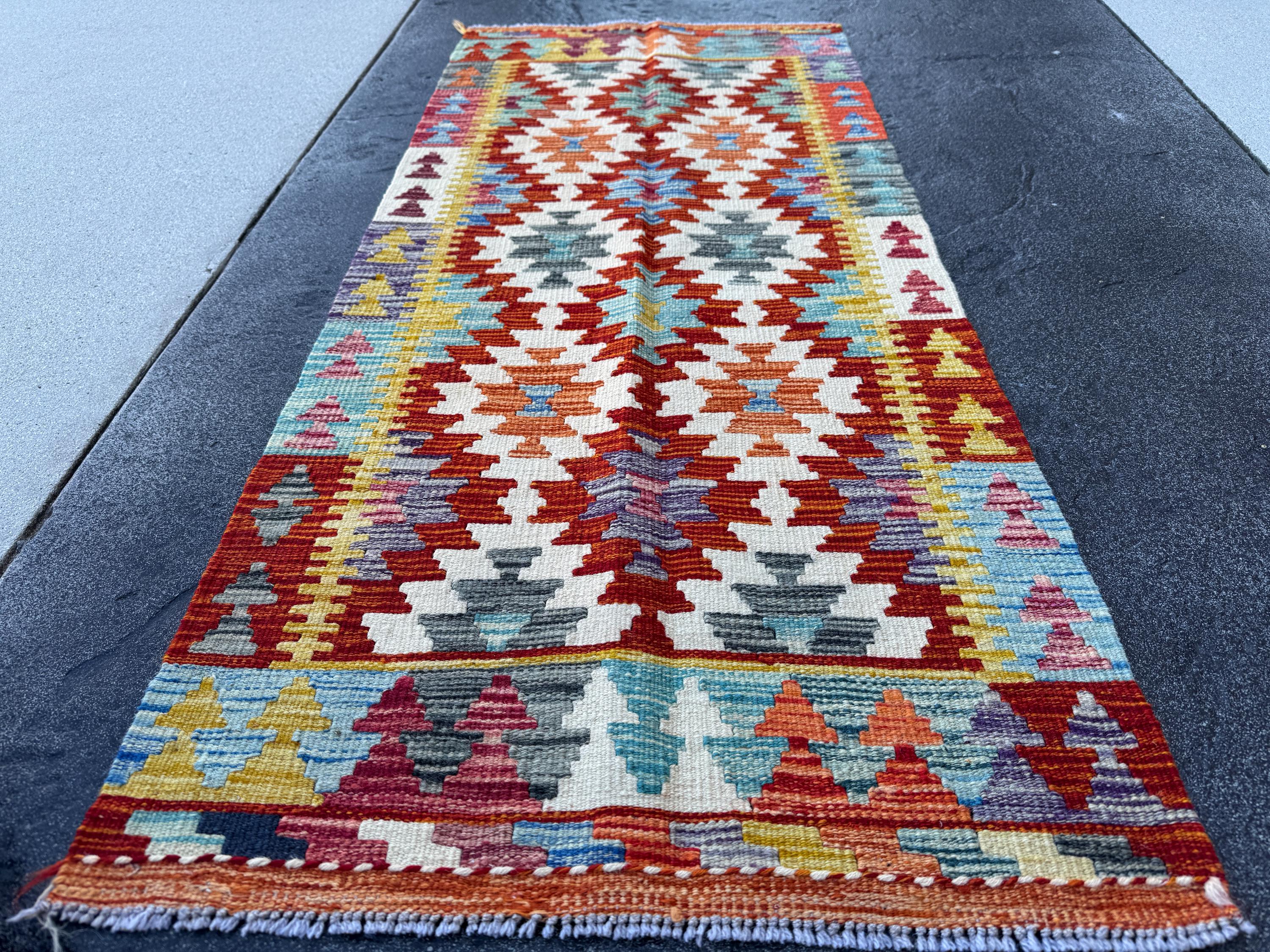 2x5 Handmade Afghan Kilim Runner Rug | Blood Red Cream Orange Teal Aqua Blue Navy Olive Moss Grey Plum Mauve Copper Gold | Wool Flatwoven