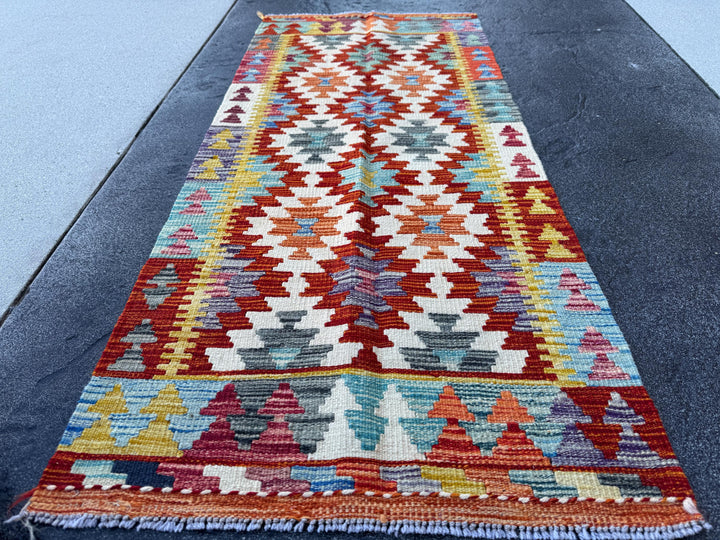 2x5 Handmade Afghan Kilim Runner Rug | Blood Red Cream Orange Teal Aqua Blue Navy Olive Moss Grey Plum Mauve Copper Gold | Wool Flatwoven