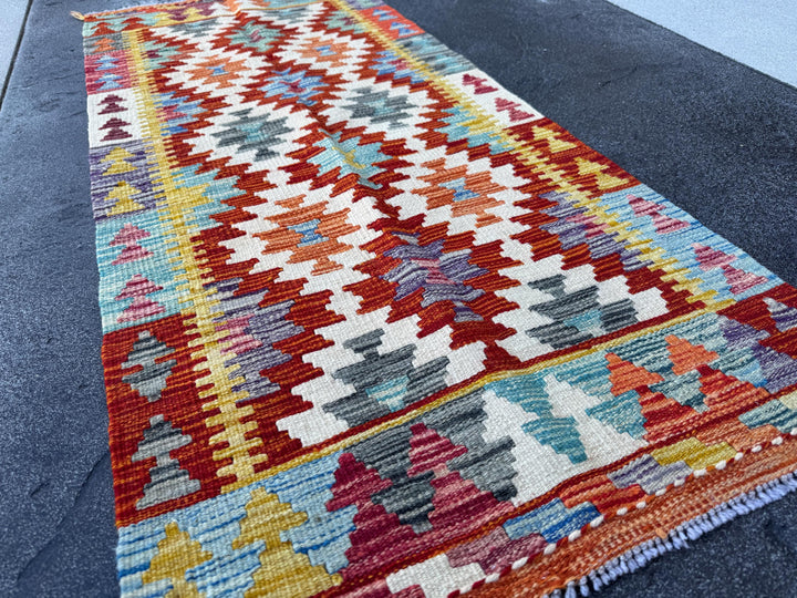 2x5 Handmade Afghan Kilim Runner Rug | Blood Red Cream Orange Teal Aqua Blue Navy Olive Moss Grey Plum Mauve Copper Gold | Wool Flatwoven
