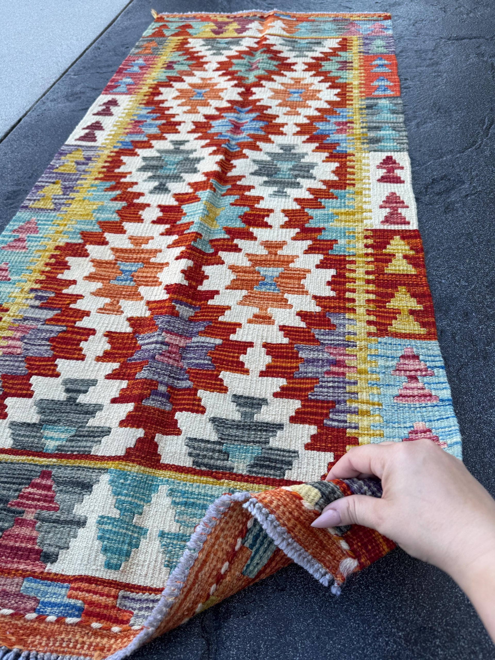 2x5 Handmade Afghan Kilim Runner Rug | Blood Red Cream Orange Teal Aqua Blue Navy Olive Moss Grey Plum Mauve Copper Gold | Wool Flatwoven