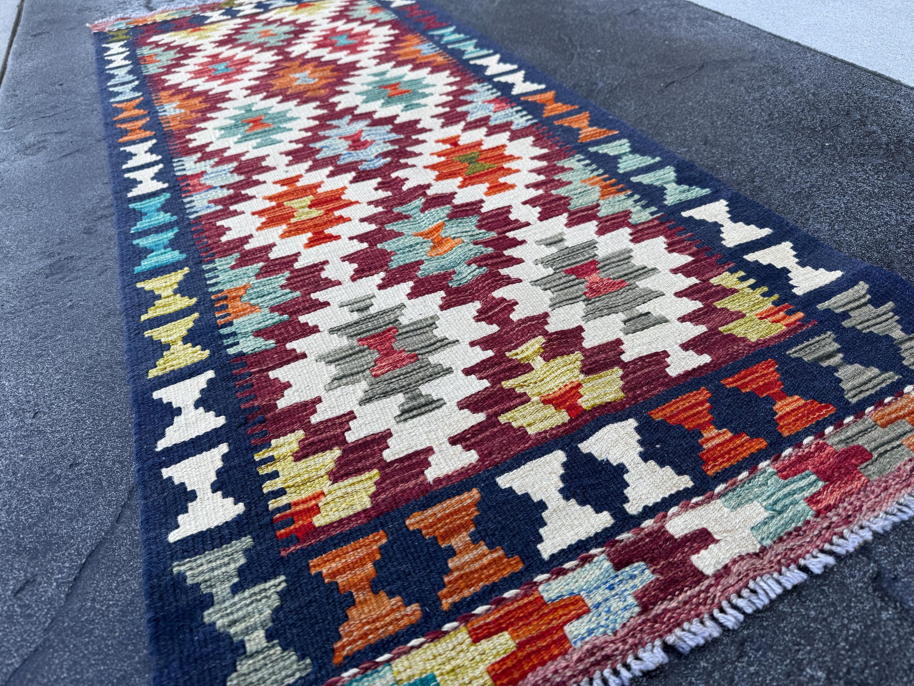 2x5 Handmade Afghan Kilim Runner Rug | Navy Blue Cream Red Orange Aqua Teal Mint Olive Moss Gold Copper Plum Mauve Grey | Wool Flatwoven