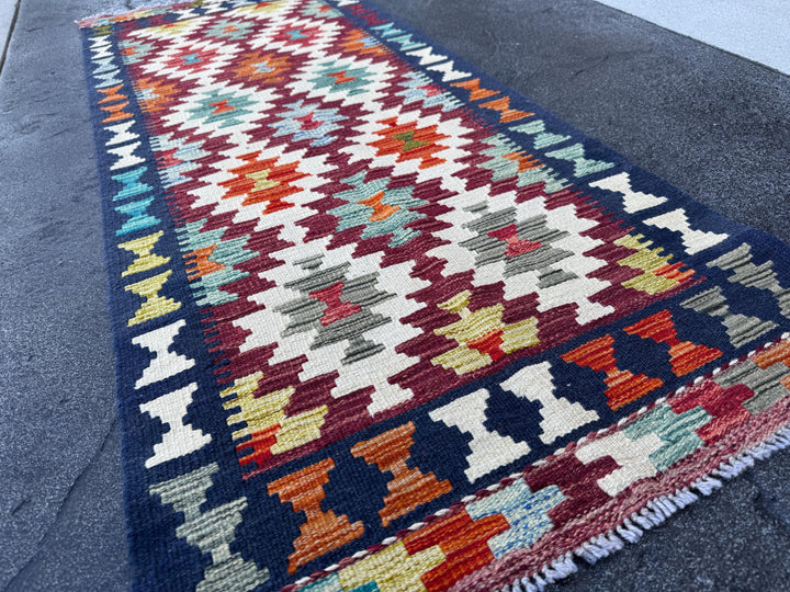 2x5 Handmade Afghan Kilim Runner Rug | Navy Blue Cream Red Orange Aqua Teal Mint Olive Moss Gold Copper Plum Mauve Grey | Wool Flatwoven