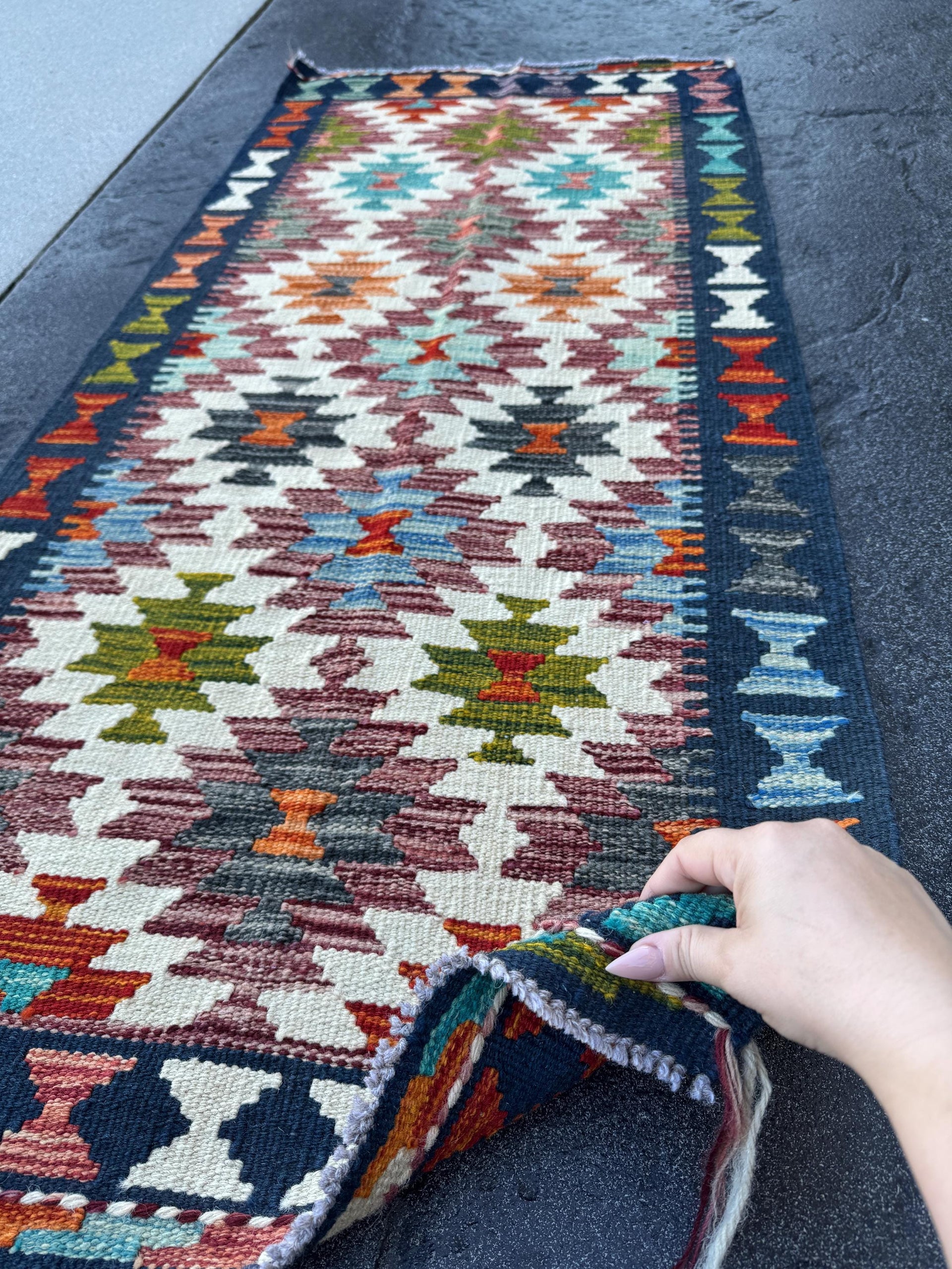 2x5 Handmade Afghan Kilim Runner Rug | Cream Burgundy Mauve Olive Green Forest Burnt Orange Rust Teal Aqua Turquoise Navy Blue Charcoal Grey