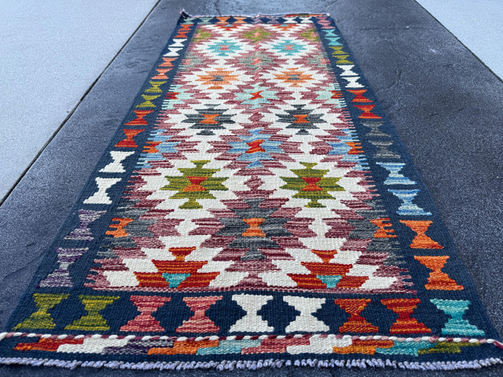 2x5 Handmade Afghan Kilim Runner Rug | Cream Burgundy Mauve Olive Green Forest Burnt Orange Rust Teal Aqua Turquoise Navy Blue Charcoal Grey