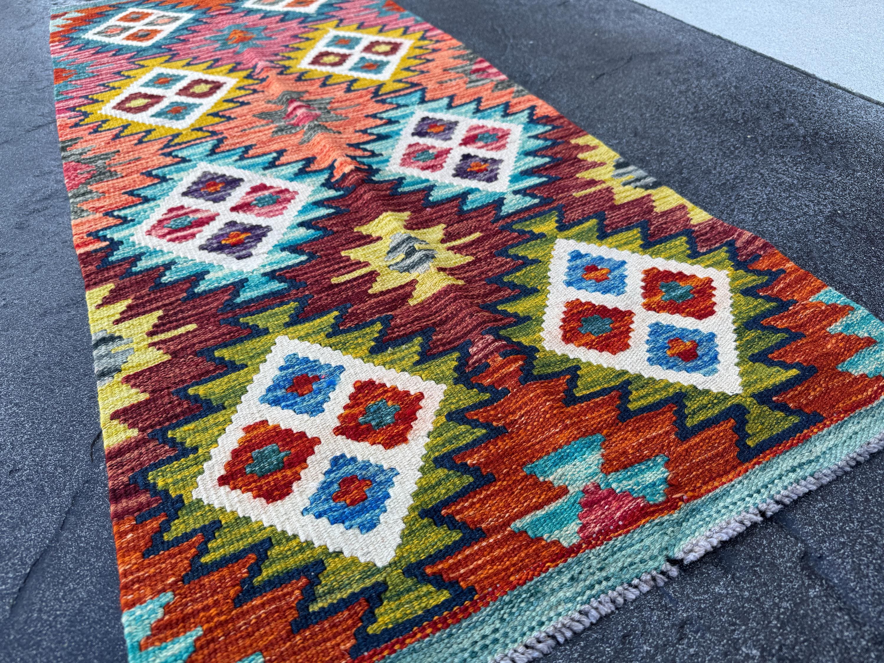 2x5 Handmade Afghan Kilim Runner Rug | Rust Red Teal Mustard Cream Navy Blue Turquoise Sky Blue Burnt Orange Olive Green Maroon Charcoal