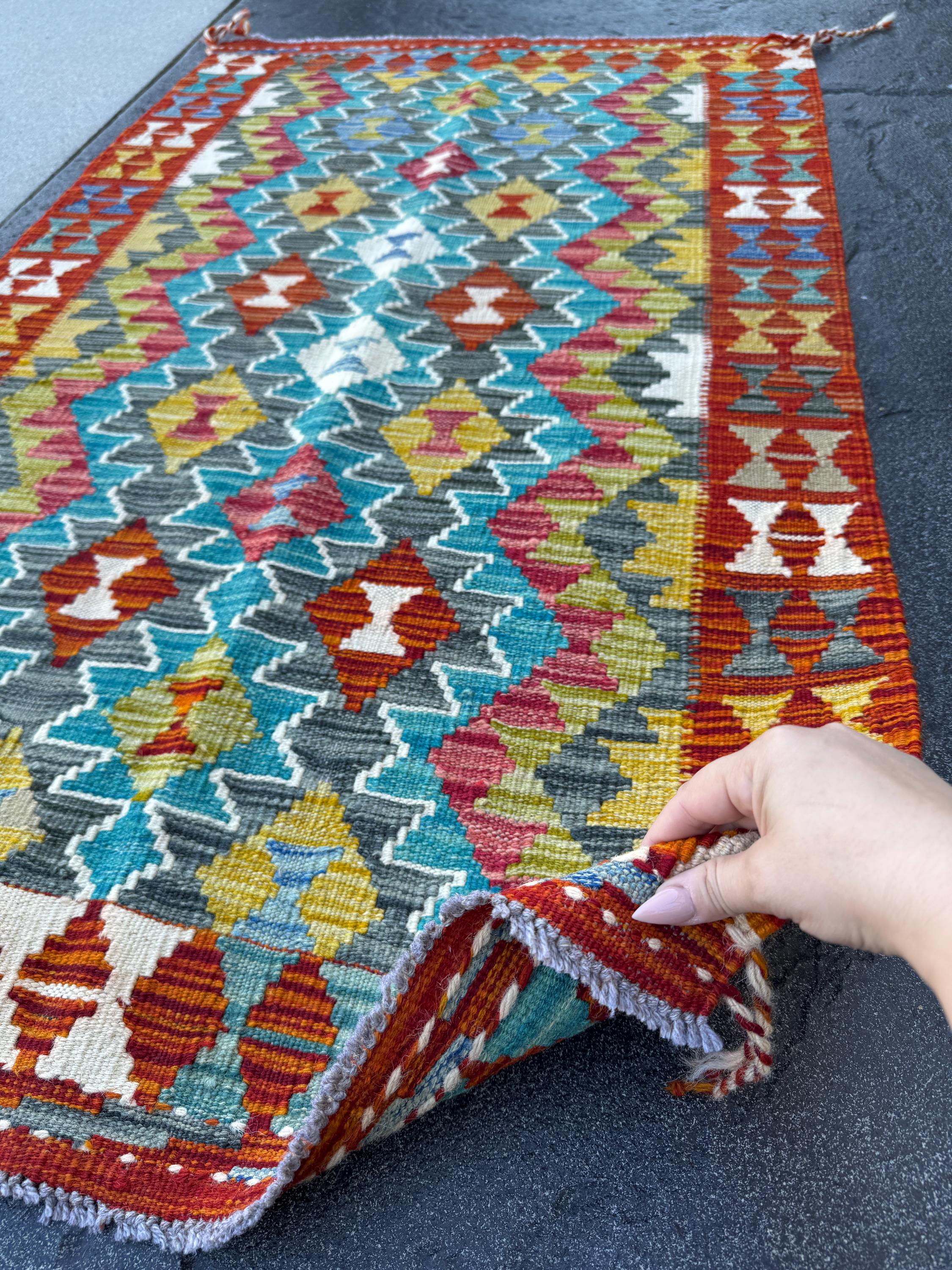 3x5 (91x152) Handmade Afghan Kilim Rug | Teal Turquoise Burnt Orange Mustard Yellow Olive Green Charcoal Grey White Rust Burgundy | Wool