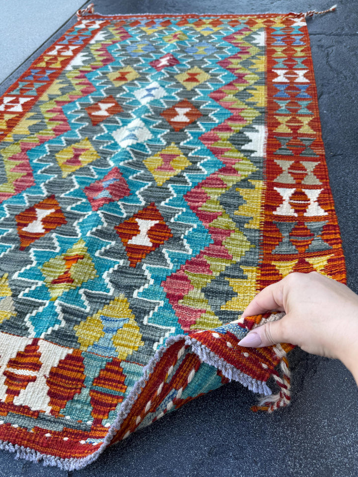3x5 (91x152) Handmade Afghan Kilim Rug | Teal Turquoise Burnt Orange Mustard Yellow Olive Green Charcoal Grey White Rust Burgundy | Wool