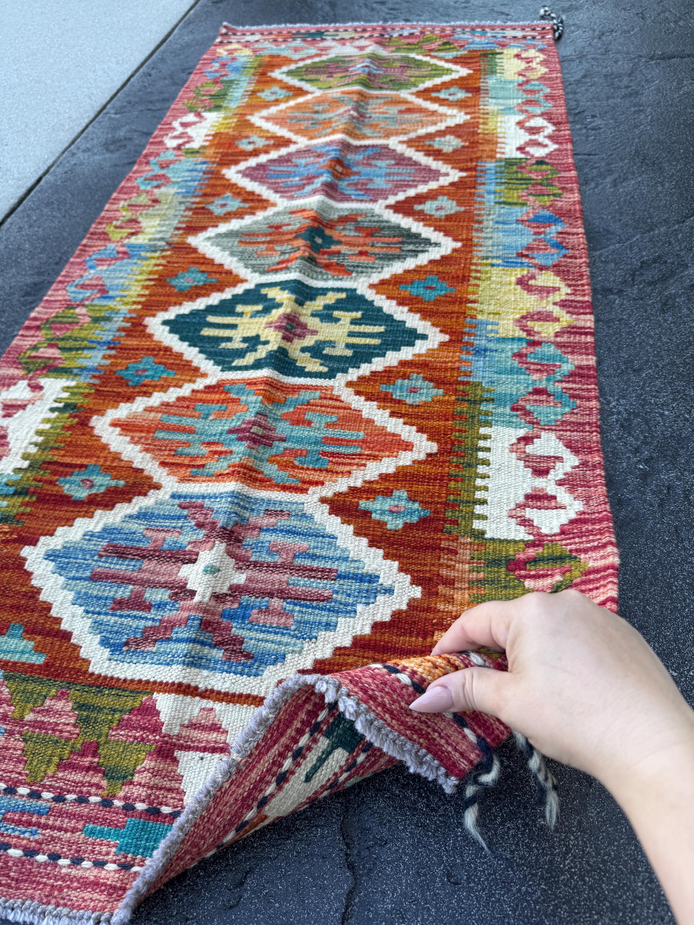 2x5 Handmade Afghan Kilim Runner Rug | Rust Red Burnt Orange Burgundy Mauve Teal Aqua Turquoise Olive Green Mustard Cream White | Wool