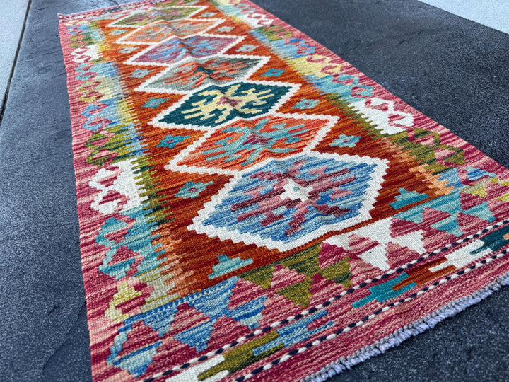 2x5 Handmade Afghan Kilim Runner Rug | Rust Red Burnt Orange Burgundy Mauve Teal Aqua Turquoise Olive Green Mustard Cream White | Wool
