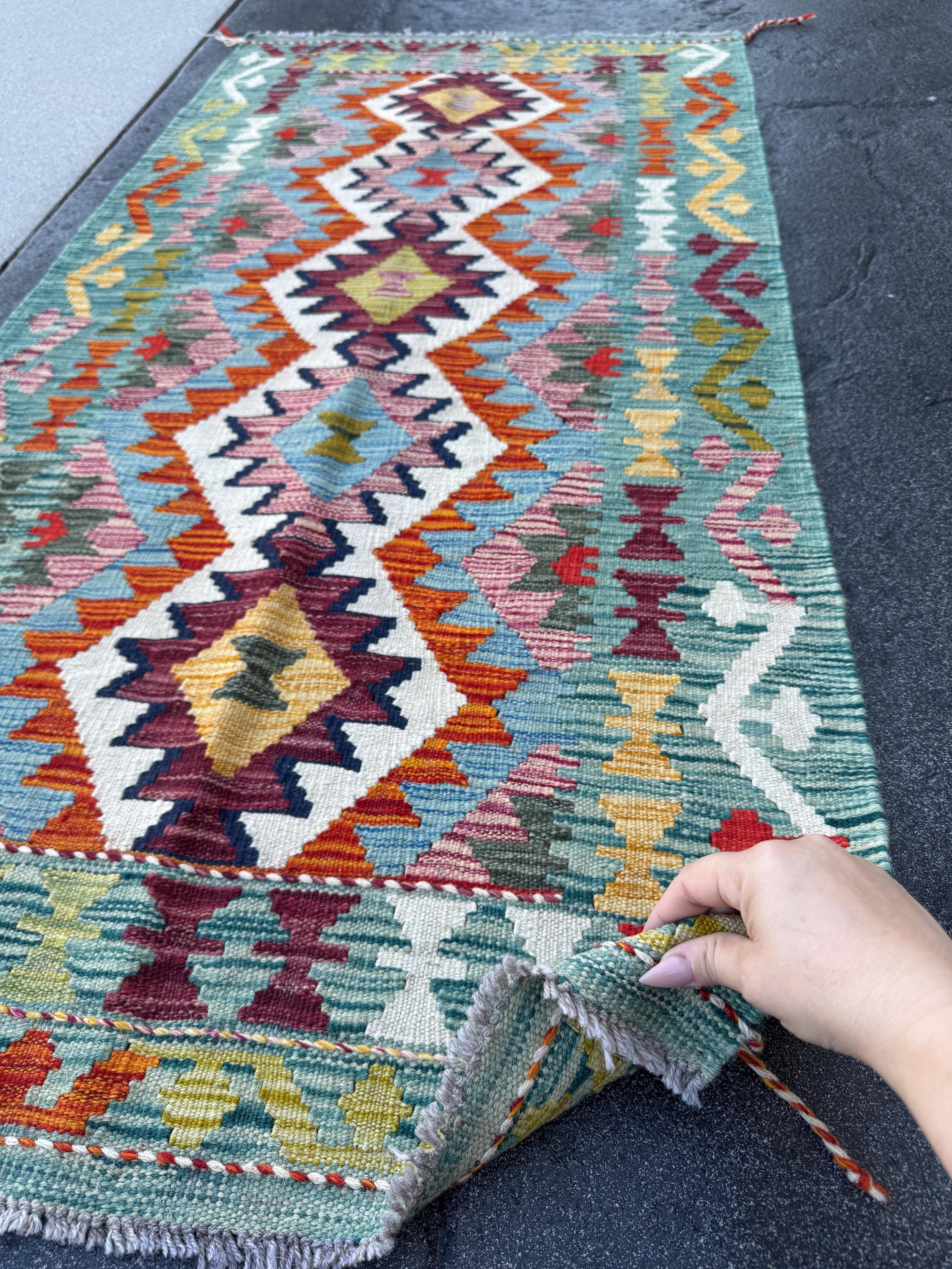 3x5 (91x152) Handmade Afghan Kilim Rug | Teal Aqua Burnt Orange Burgundy Mustard Yellow Mauve Cream White Forest Green Navy Blue | Wool