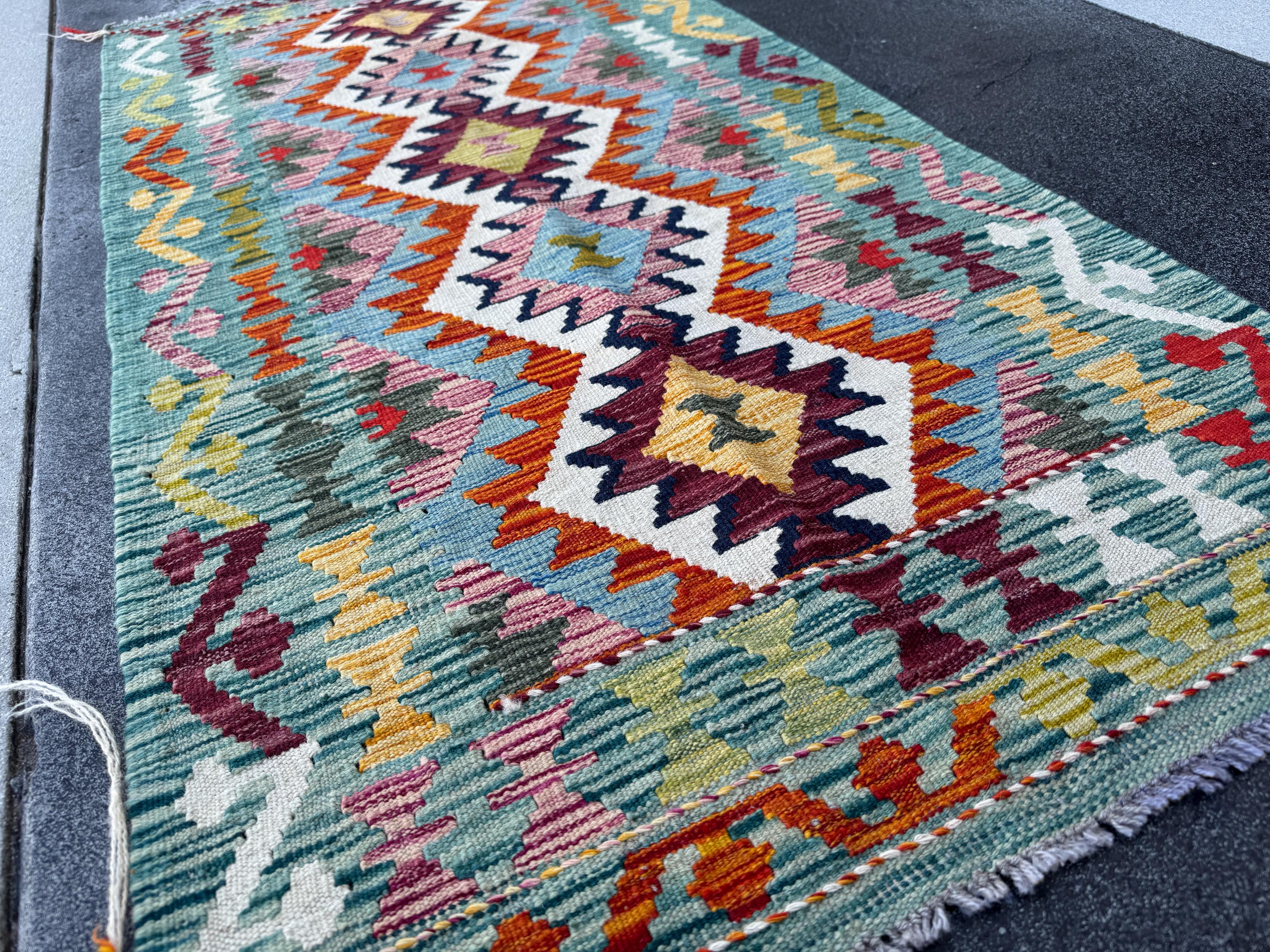 3x5 (91x152) Handmade Afghan Kilim Rug | Teal Aqua Burnt Orange Burgundy Mustard Yellow Mauve Cream White Forest Green Navy Blue | Wool