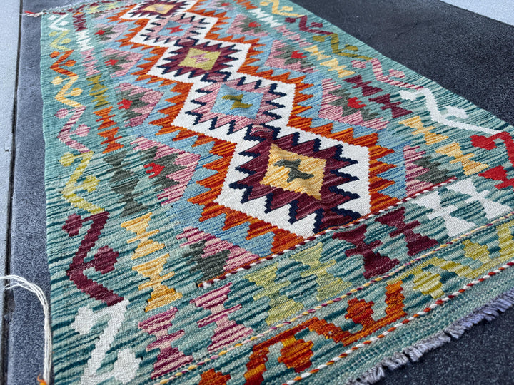 3x5 (91x152) Handmade Afghan Kilim Rug | Teal Aqua Burnt Orange Burgundy Mustard Yellow Mauve Cream White Forest Green Navy Blue | Wool
