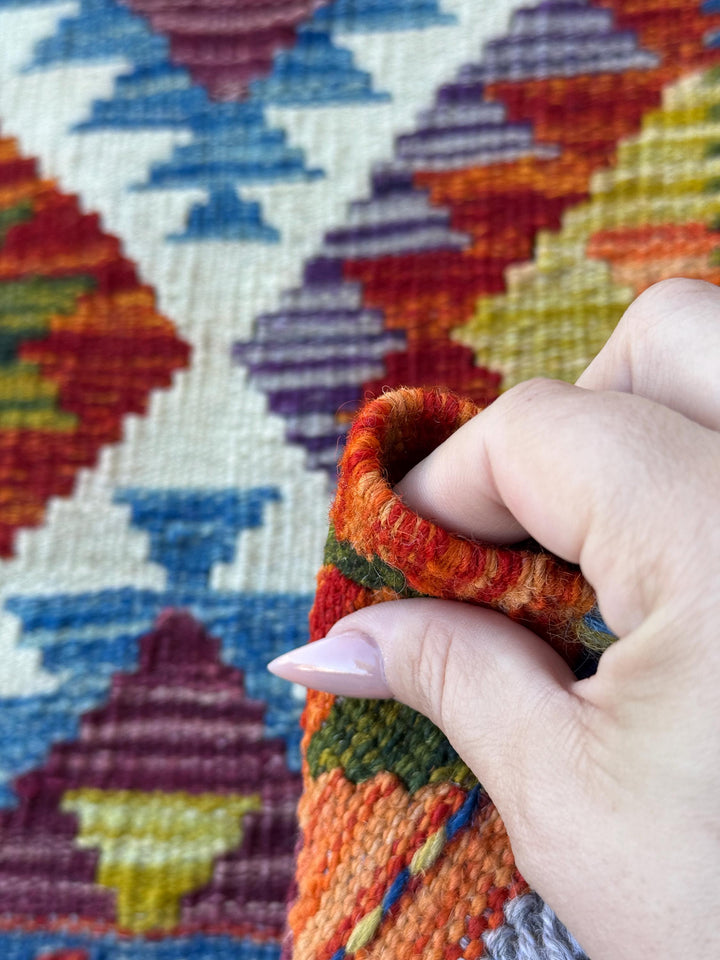 2x5 Handmade Afghan Kilim Runner Rug | Burnt Orange Cream White Red Olive Green Navy Blue Teal Aqua Purple Mustard Yellow | Wool Flatwoven