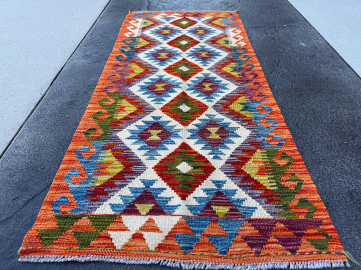 2x5 Handmade Afghan Kilim Runner Rug | Burnt Orange Cream White Red Olive Green Navy Blue Teal Aqua Purple Mustard Yellow | Wool Flatwoven