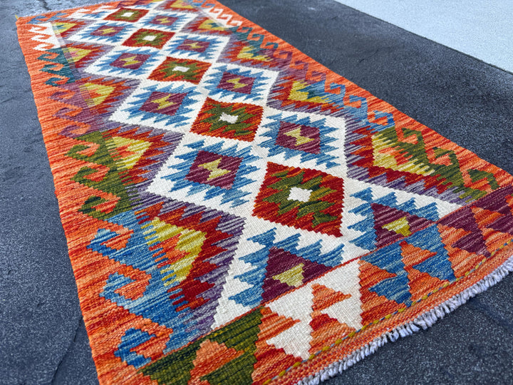 2x5 Handmade Afghan Kilim Runner Rug | Burnt Orange Cream White Red Olive Green Navy Blue Teal Aqua Purple Mustard Yellow | Wool Flatwoven