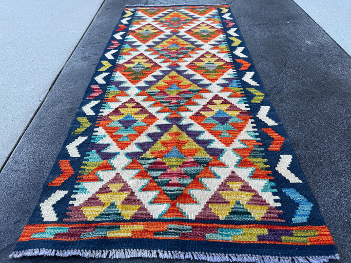 2x5 Handmade Afghan Kilim Runner Rug | Navy Blue Cream White Burnt Orange Rust Teal Aqua Turquoise Olive Green Burgundy Mauve Mustard Plum