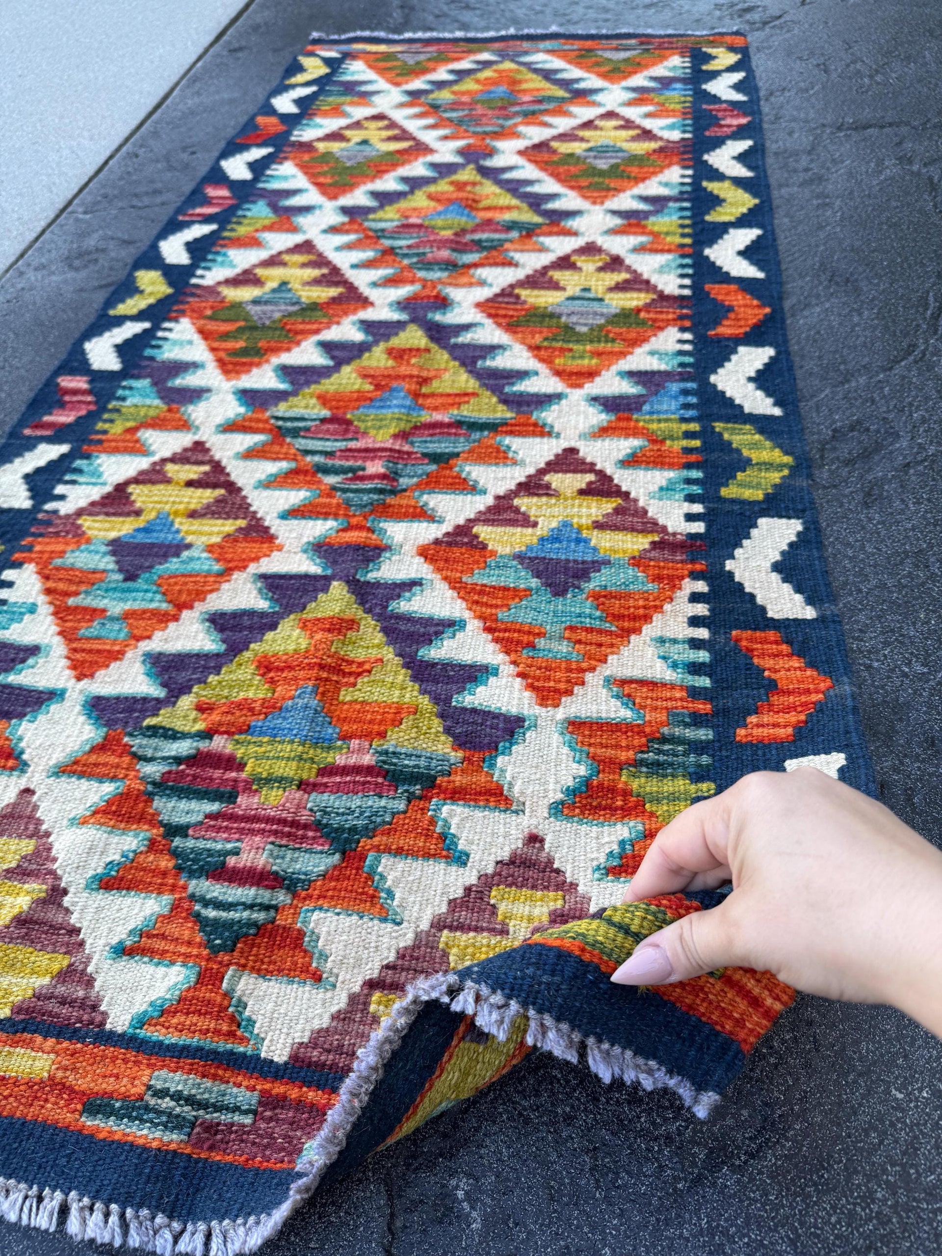 2x5 Handmade Afghan Kilim Runner Rug | Navy Blue Cream White Burnt Orange Rust Teal Aqua Turquoise Olive Green Burgundy Mauve Mustard Plum