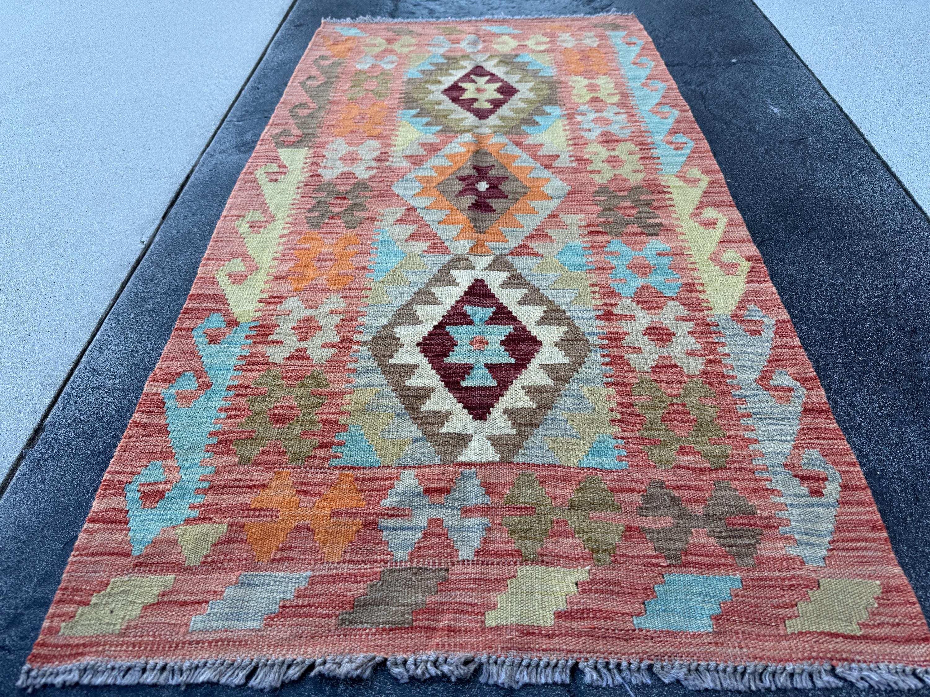 3x5 (91x152) Handmade Afghan Kilim Rug | Coral Rust Burgundy Mustard Olive Green Aqua Teal Sky Blue Beige Cream | Wool Flatwoven