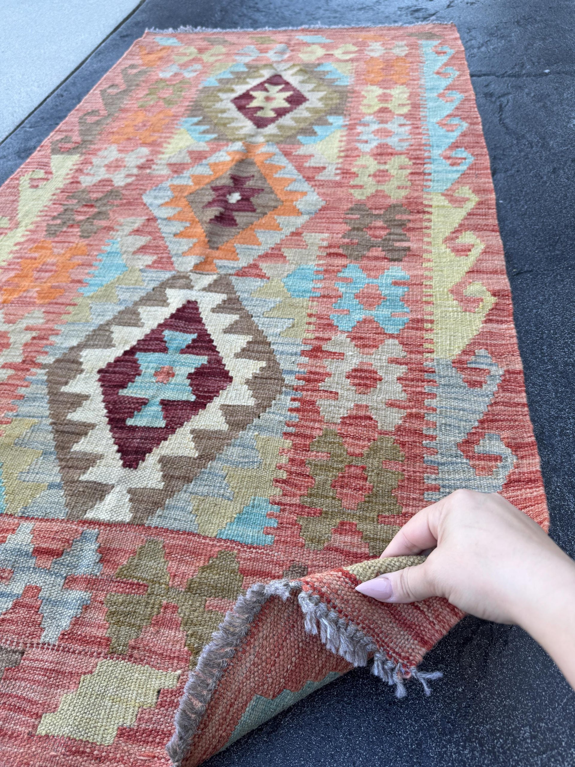 3x5 (91x152) Handmade Afghan Kilim Rug | Coral Rust Burgundy Mustard Olive Green Aqua Teal Sky Blue Beige Cream | Wool Flatwoven