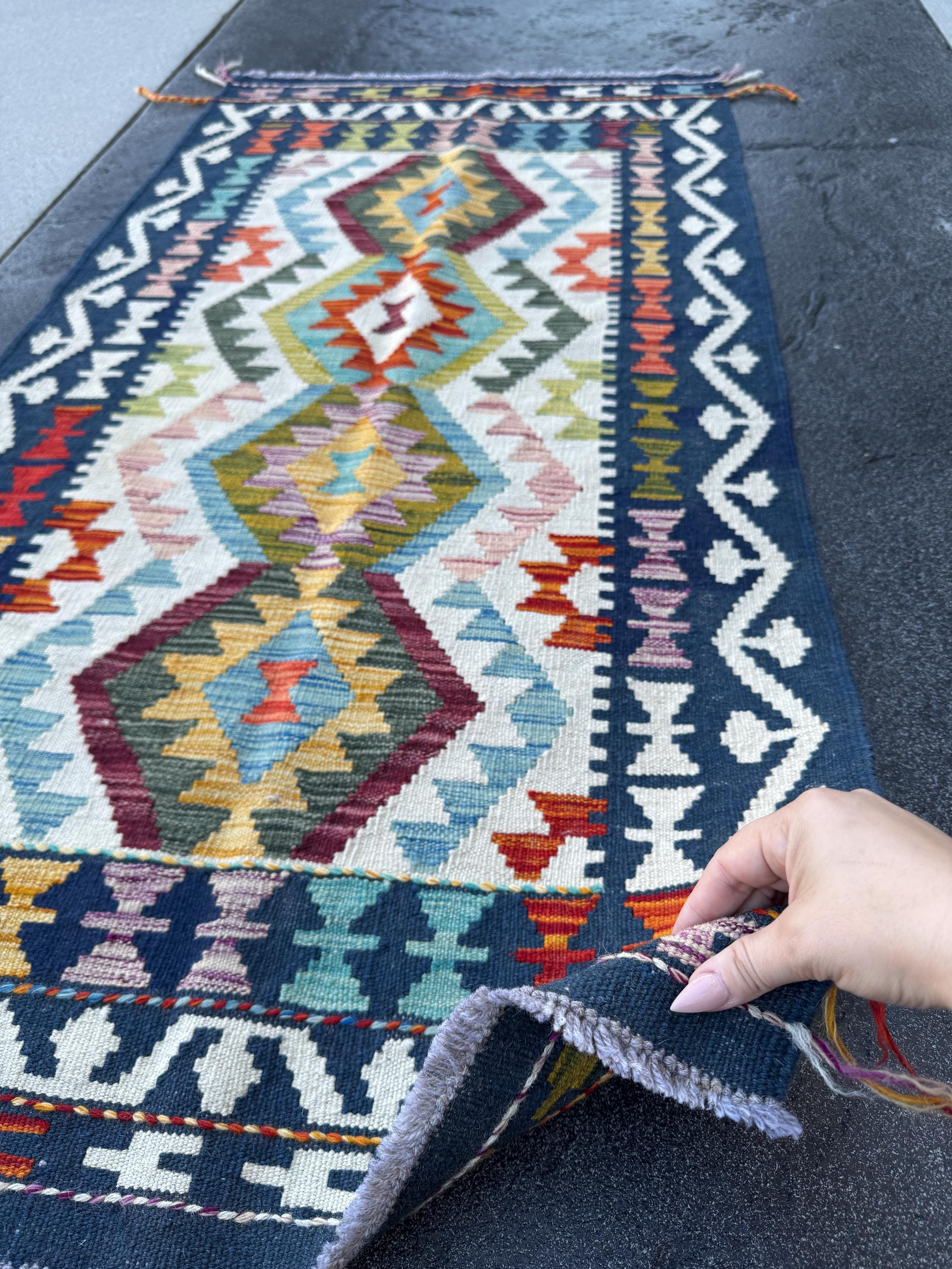 3x5 (91x152) Handmade Afghan Kilim Rug | Navy Blue Cream Burgundy Mauve Olive Green Forest Burnt Orange Rust Teal Aqua Turquoise Charcoal