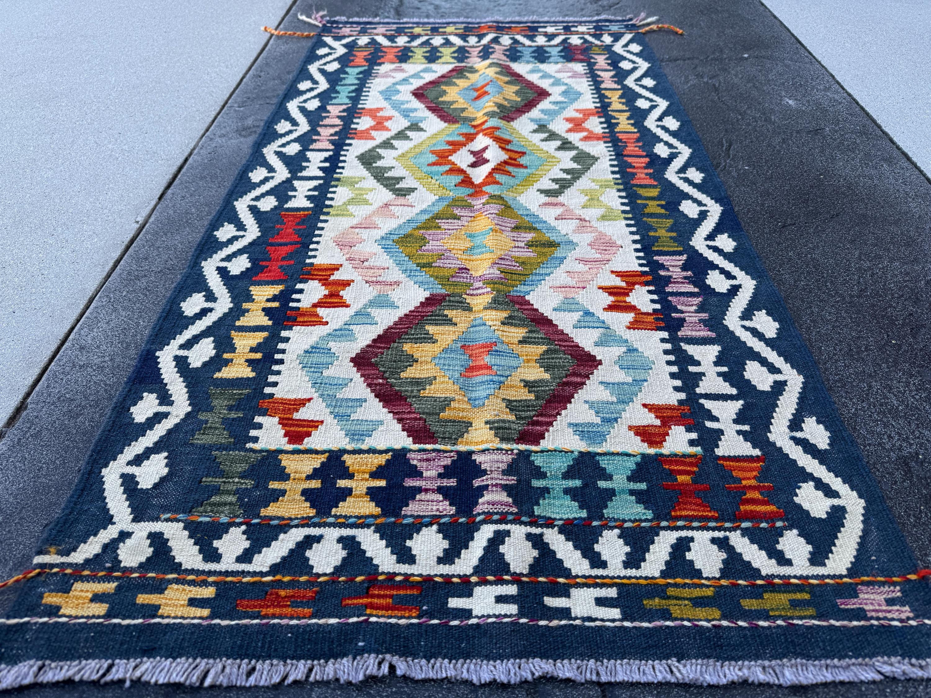 3x5 (91x152) Handmade Afghan Kilim Rug | Navy Blue Cream Burgundy Mauve Olive Green Forest Burnt Orange Rust Teal Aqua Turquoise Charcoal