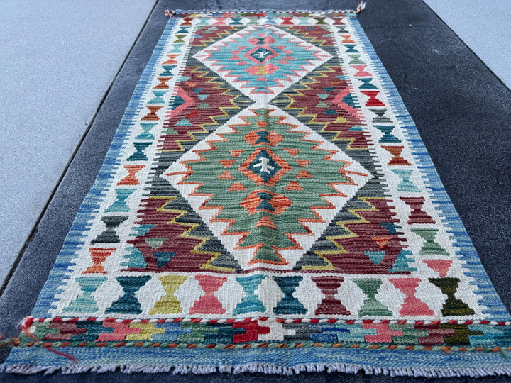 3x5 (91x152) Handmade Afghan Kilim Rug | Olive Green Cream White Burgundy Rust Burnt Orange Aqua Teal Turquoise Navy Blue Charcoal Grey