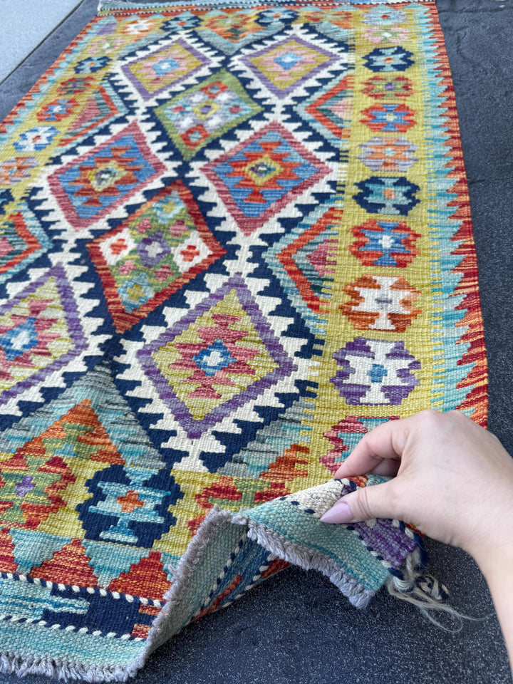 3x5 (91x152) Handmade Afghan Kilim Rug | Olive Green Navy Blue Aqua Turquoise Teal Rust Burnt Orange Mauve Purple Cream White Red | Wool