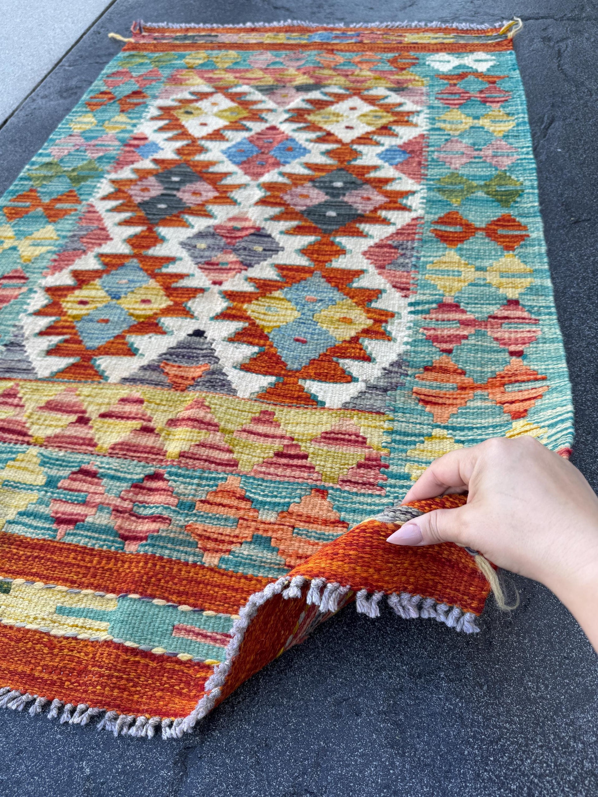 3x4 Handmade Afghan Kilim Rug | Teal Burnt Orange Yellow Mauve Olive Green Navy Blue Charcoal Grey Cream White Turquoise Rust | Wool