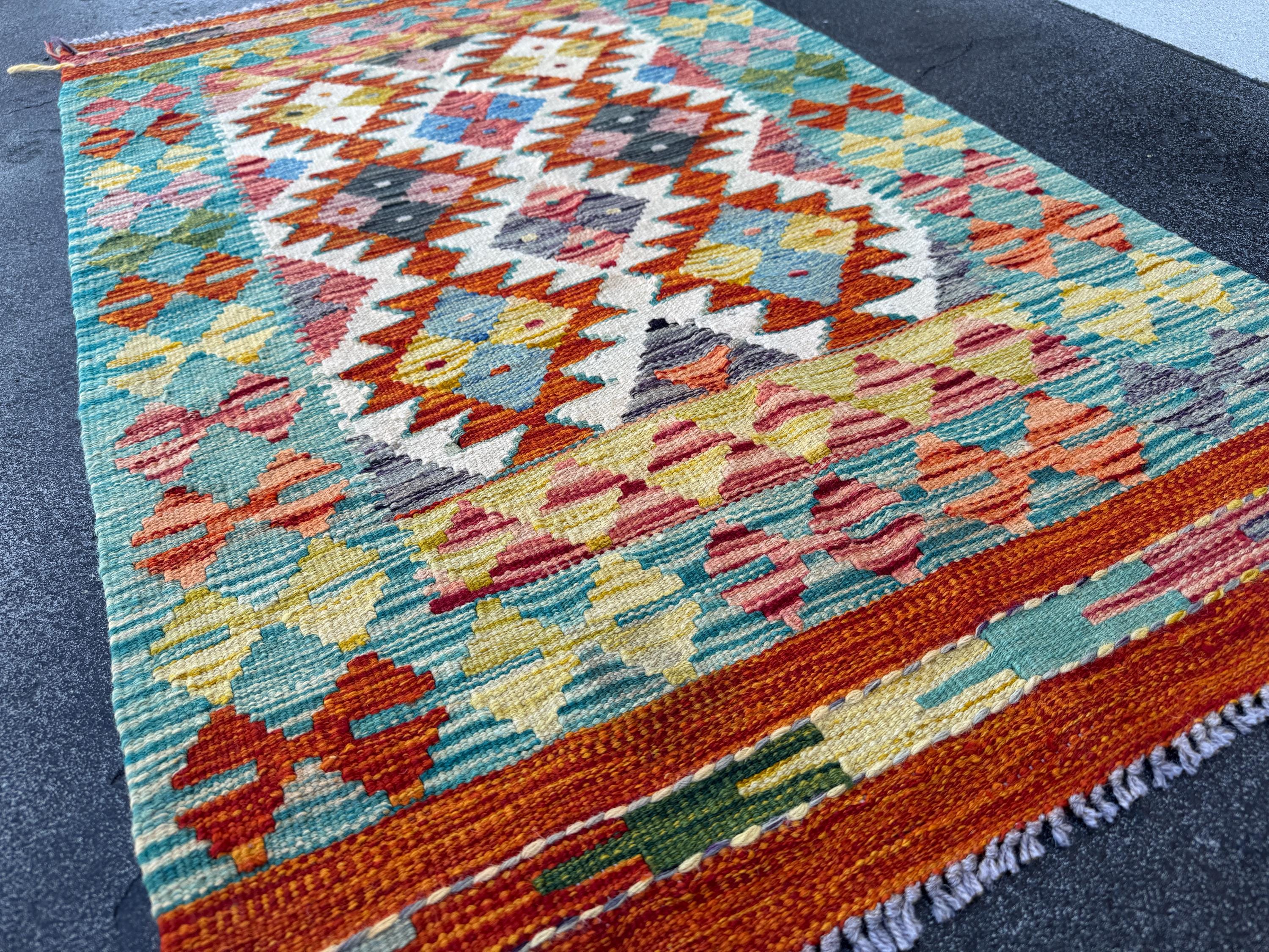 3x4 Handmade Afghan Kilim Rug | Teal Burnt Orange Yellow Mauve Olive Green Navy Blue Charcoal Grey Cream White Turquoise Rust | Wool