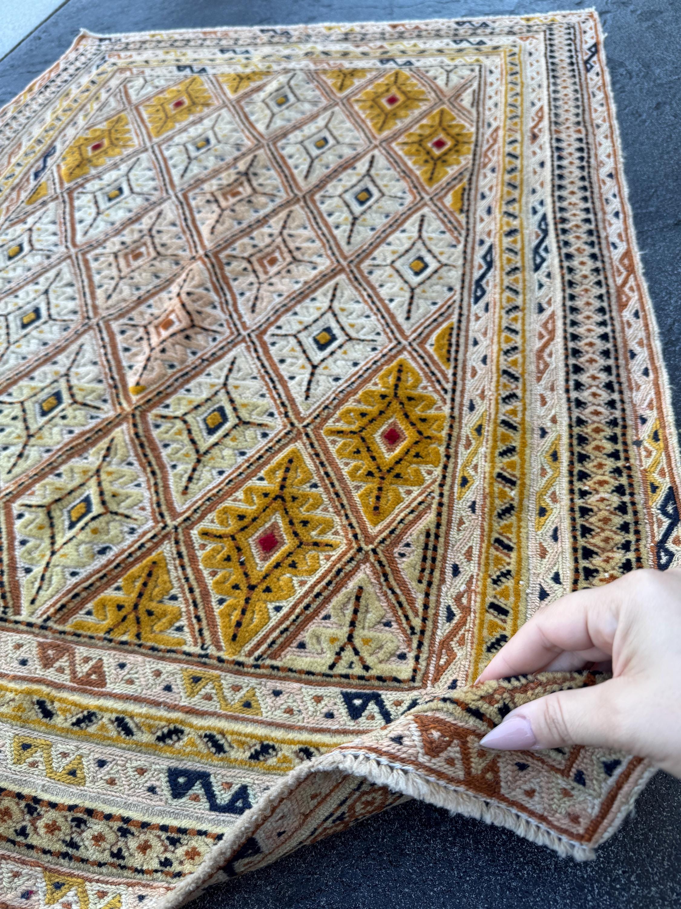 3x4 Handmade Afghan Kilim Rug | Mustard Yellow Cream Beige Peach Rust Navy Blue Charcoal Grey Red | Wool Flatwoven