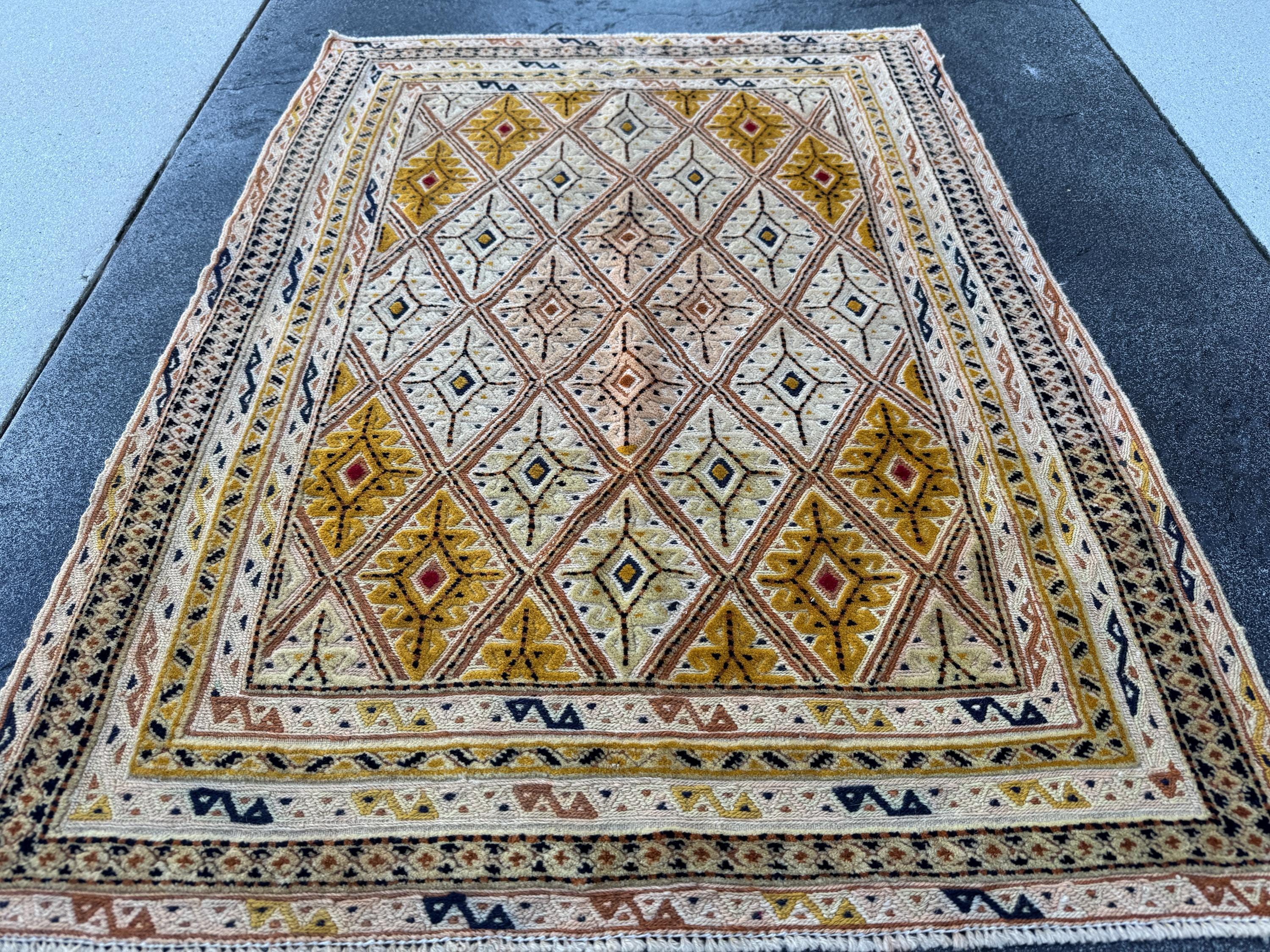 3x4 Handmade Afghan Kilim Rug | Mustard Yellow Cream Beige Peach Rust Navy Blue Charcoal Grey Red | Wool Flatwoven
