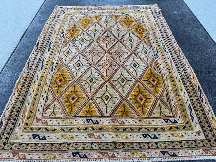 3x4 Handmade Afghan Kilim Rug | Mustard Yellow Cream Beige Peach Rust Navy Blue Charcoal Grey Red | Wool Flatwoven