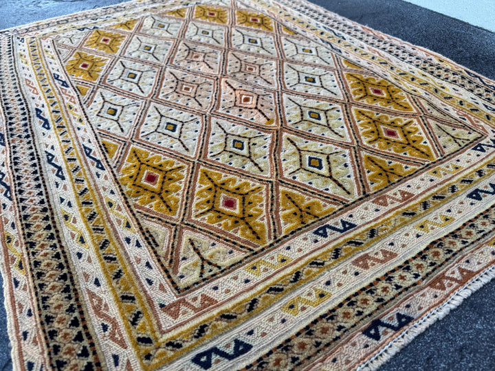 3x4 Handmade Afghan Kilim Rug | Mustard Yellow Cream Beige Peach Rust Navy Blue Charcoal Grey Red | Wool Flatwoven