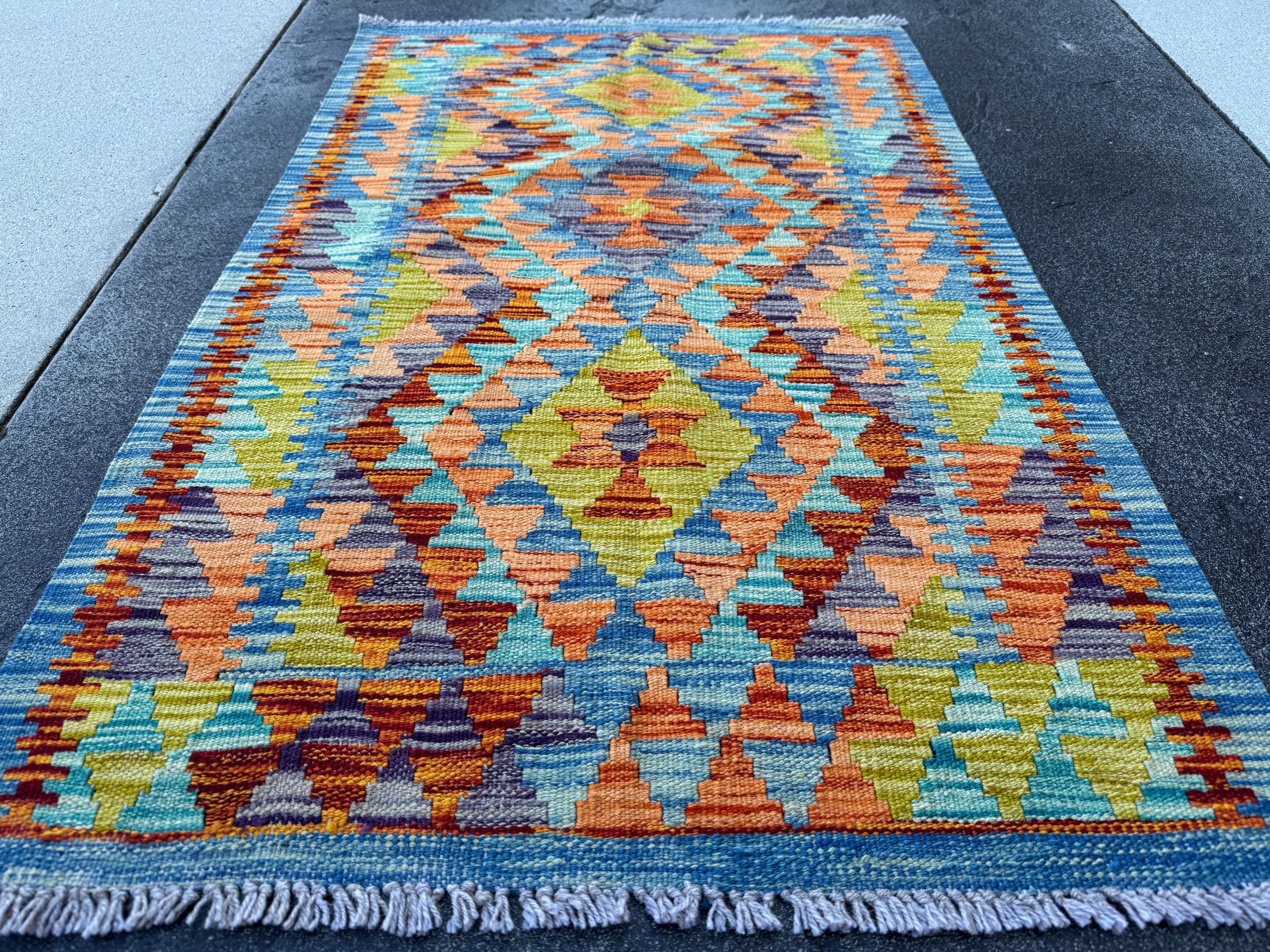3x4 Handmade Afghan Kilim Rug | Denim Blue Orange Yellow Green Rust Red Mauve Teal Aqua Turquoise Charcoal Grey | Wool Flatwoven