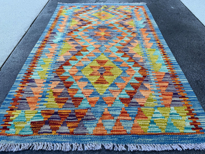 3x4 Handmade Afghan Kilim Rug | Denim Blue Orange Yellow Green Rust Red Mauve Teal Aqua Turquoise Charcoal Grey | Wool Flatwoven