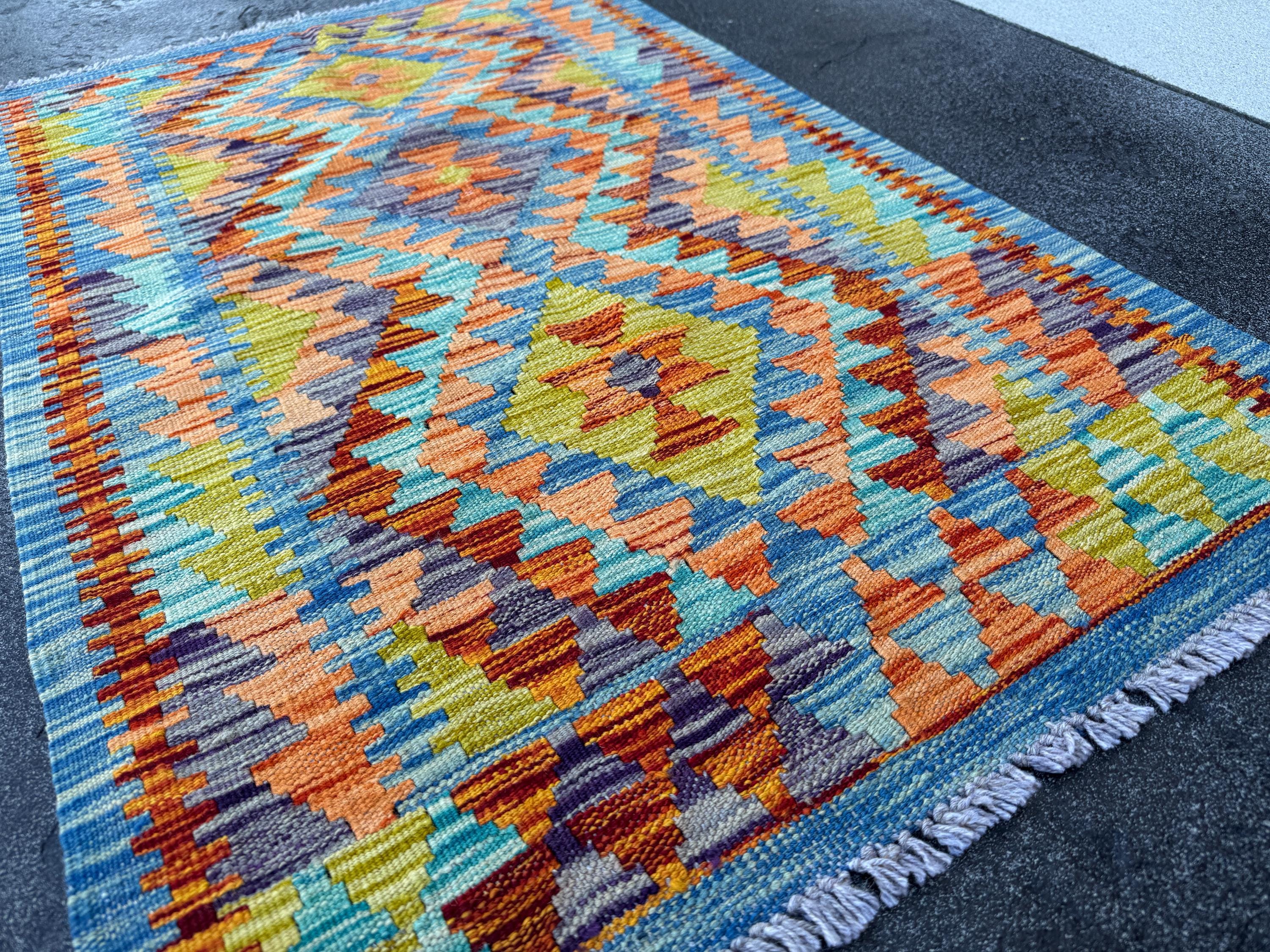 3x4 Handmade Afghan Kilim Rug | Denim Blue Orange Yellow Green Rust Red Mauve Teal Aqua Turquoise Charcoal Grey | Wool Flatwoven