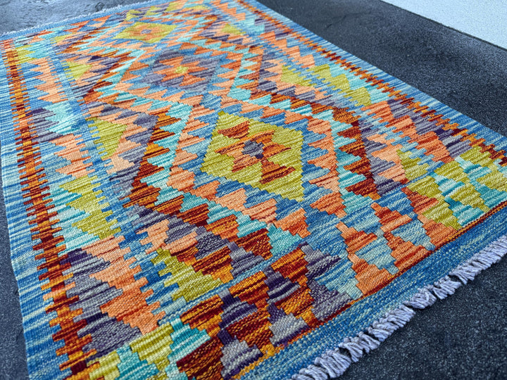 3x4 Handmade Afghan Kilim Rug | Denim Blue Orange Yellow Green Rust Red Mauve Teal Aqua Turquoise Charcoal Grey | Wool Flatwoven