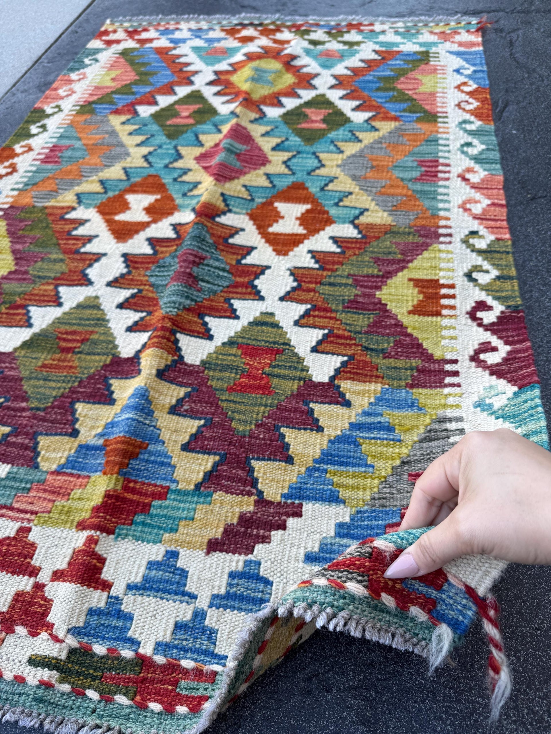 3x4 Handmade Afghan Kilim Rug | Cream White Burgundy Rust Red Olive Green Mustard Yellow Teal Aqua Blue Navy Grey Charcoal | Wool Flatwoven