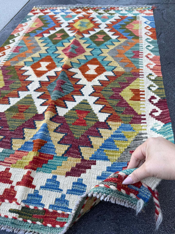 3x4 Handmade Afghan Kilim Rug | Cream White Burgundy Rust Red Olive Green Mustard Yellow Teal Aqua Blue Navy Grey Charcoal | Wool Flatwoven