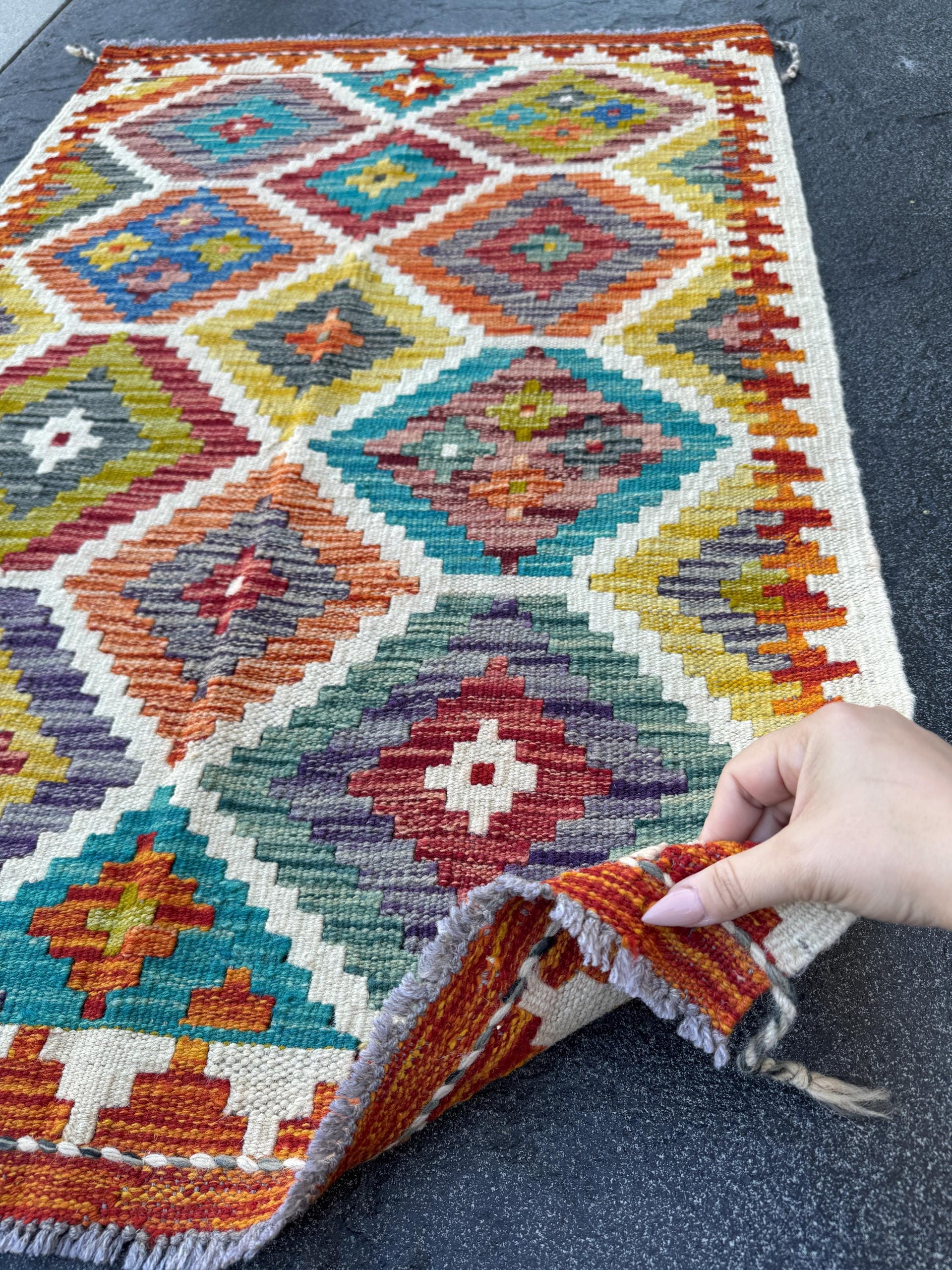 3x4 Handmade Afghan Kilim Rug | Cream White Burgundy Rust Red Olive Green Mustard Yellow Teal Aqua Blue Navy Grey Charcoal | Wool Flatwoven