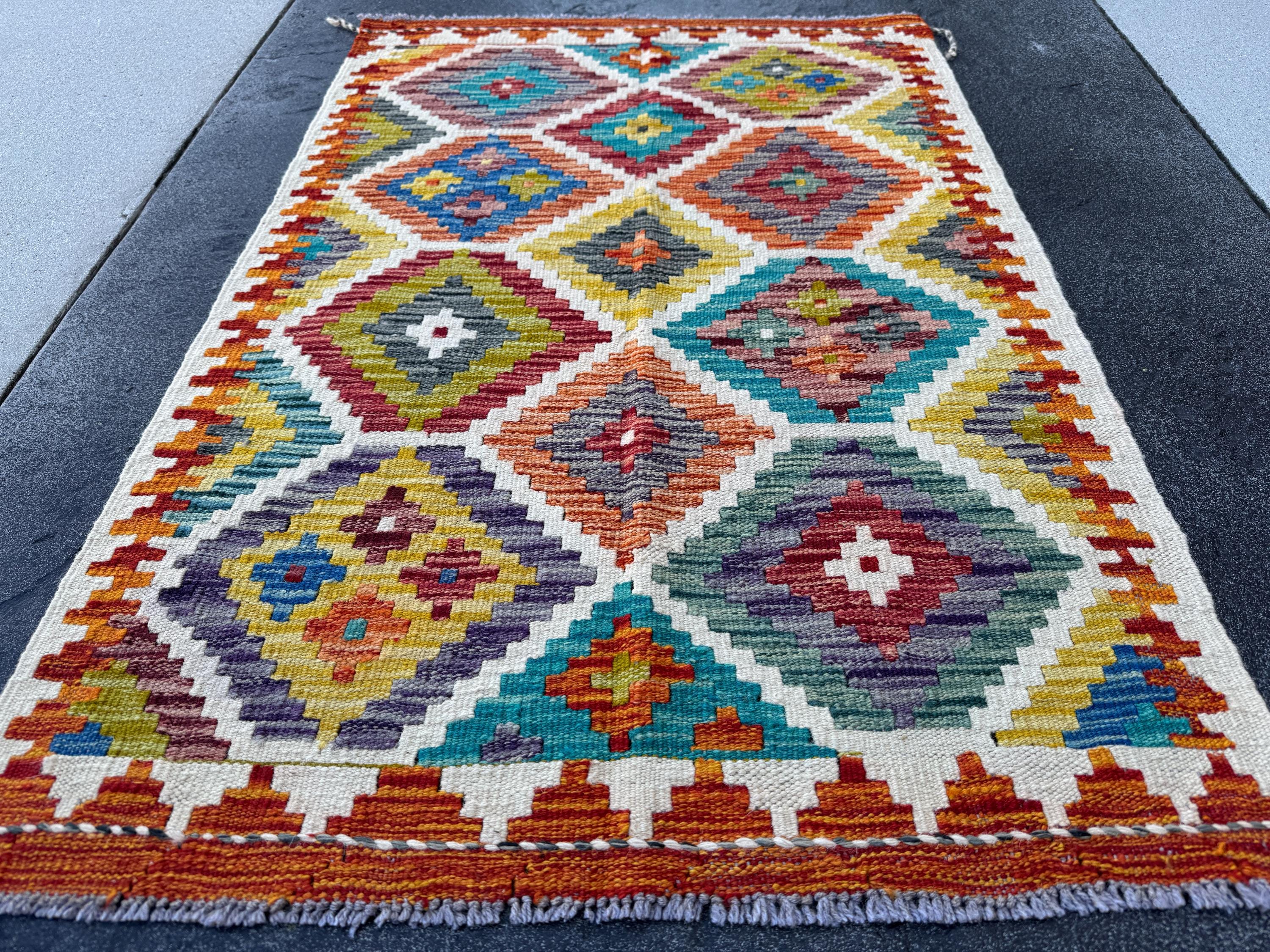 3x4 Handmade Afghan Kilim Rug | Cream White Burgundy Rust Red Olive Green Mustard Yellow Teal Aqua Blue Navy Grey Charcoal | Wool Flatwoven